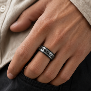 Bague noire et argentée à motif tribal