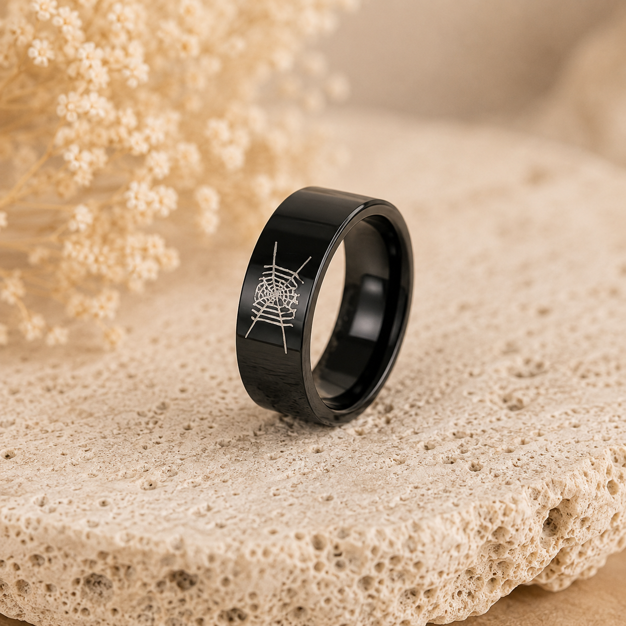 Bague noire motif toile d’araignée en acier inoxydable – Taille 66 – Image 2
