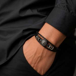 Bracelet Homme Lion – Cuir Tressé & Acier Inoxydable