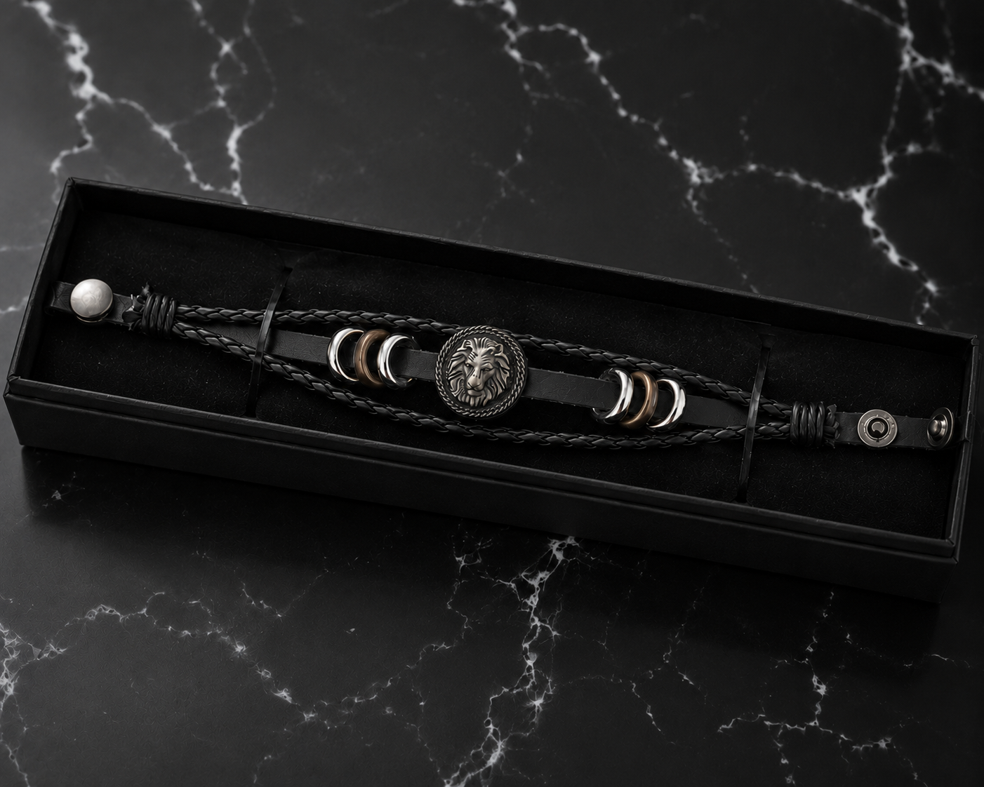 Bracelet Homme Lion – Cuir Tressé & Acier Inoxydable – Image 2