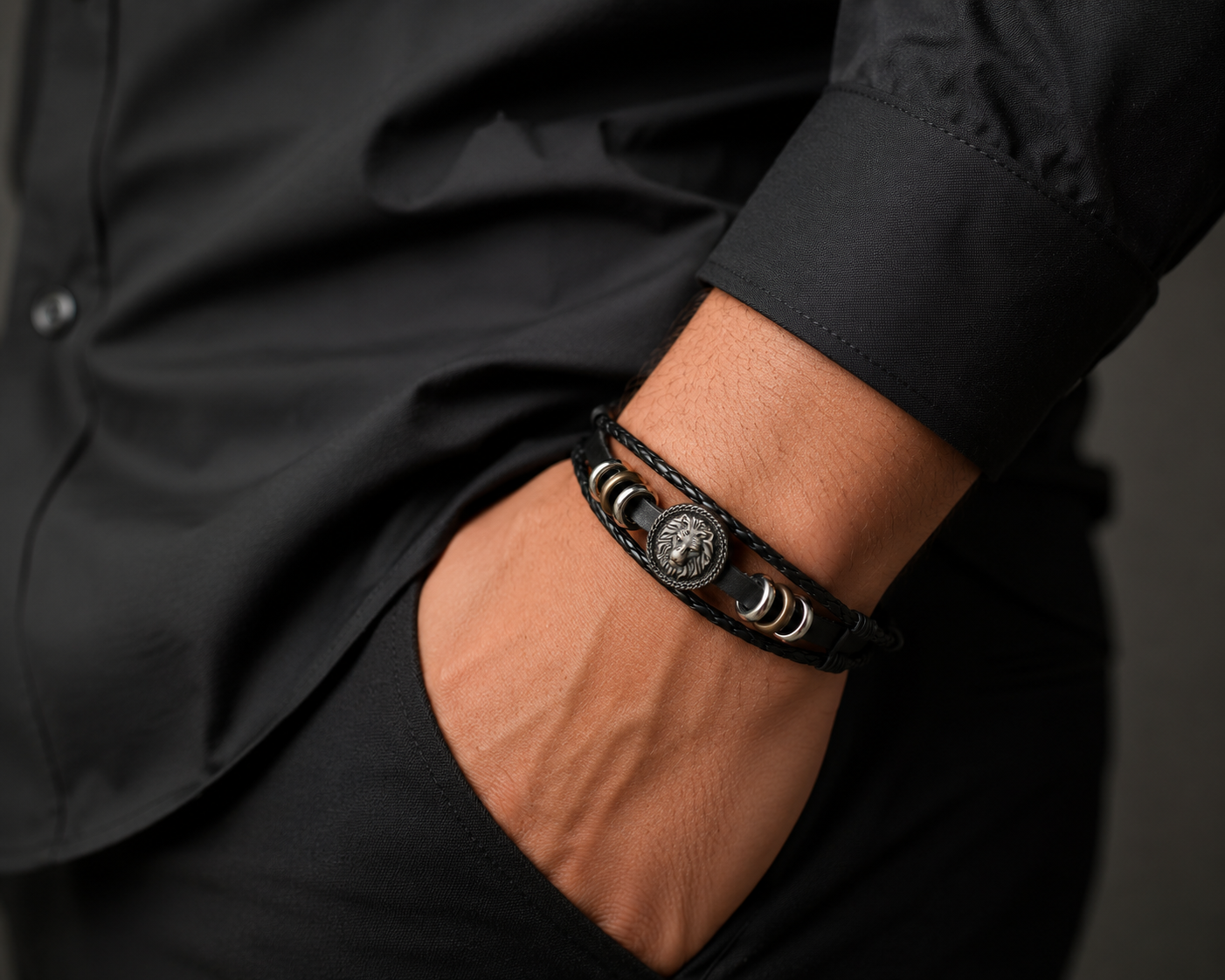 Bracelet Homme Lion – Cuir Tressé & Acier Inoxydable