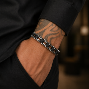 Bracelet Noir & Argent à Maillons – Style Moderne
