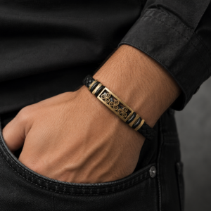 Bracelet Homme Cuir Tressé & Acier Inoxydable – Motif Celtique Doré