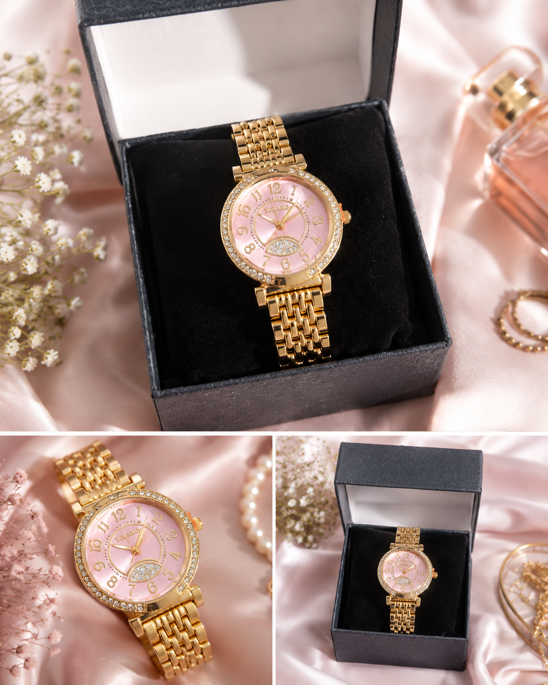 Montre femme dorée cadran rose avec strass – Image 2