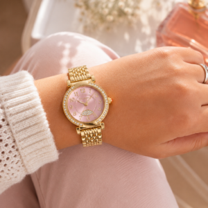 Montre femme dorée cadran rose avec strass